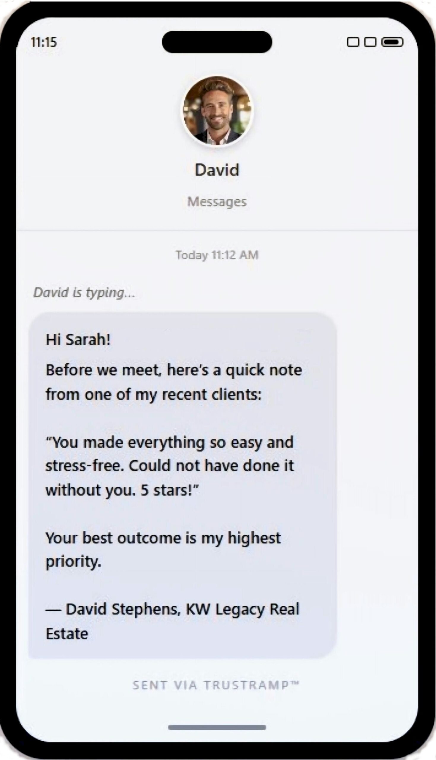 TrustRamp phone showing trust text messages